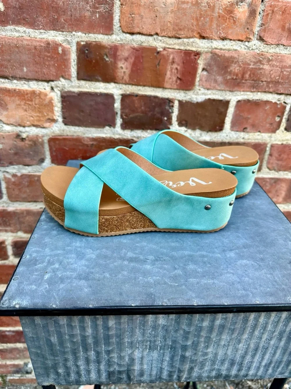 NWT Very G Slip on Turquoise Wedge Sandals - Picture 3 of 5